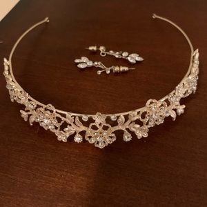 Gold Brush Tiara/Gold with Marquise Crystal set of earrings